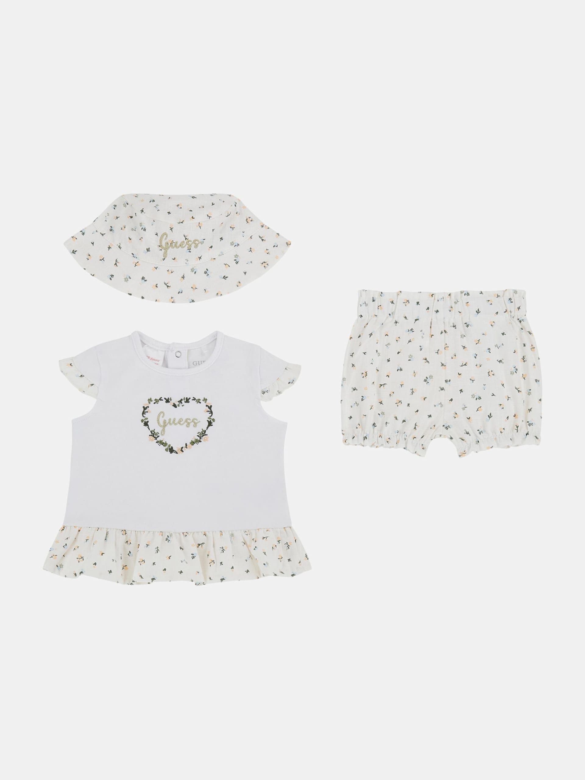 Conjunto Eco Floral de camiseta, shorts e chapéu bucket (0-12 meses)