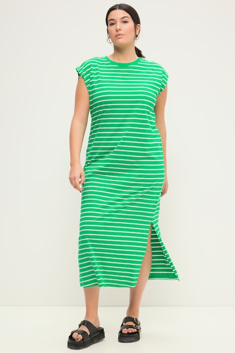 Jersey-Midikleid, oversized, geringelt, Rundhals, ärmellos, Seitenschlitze