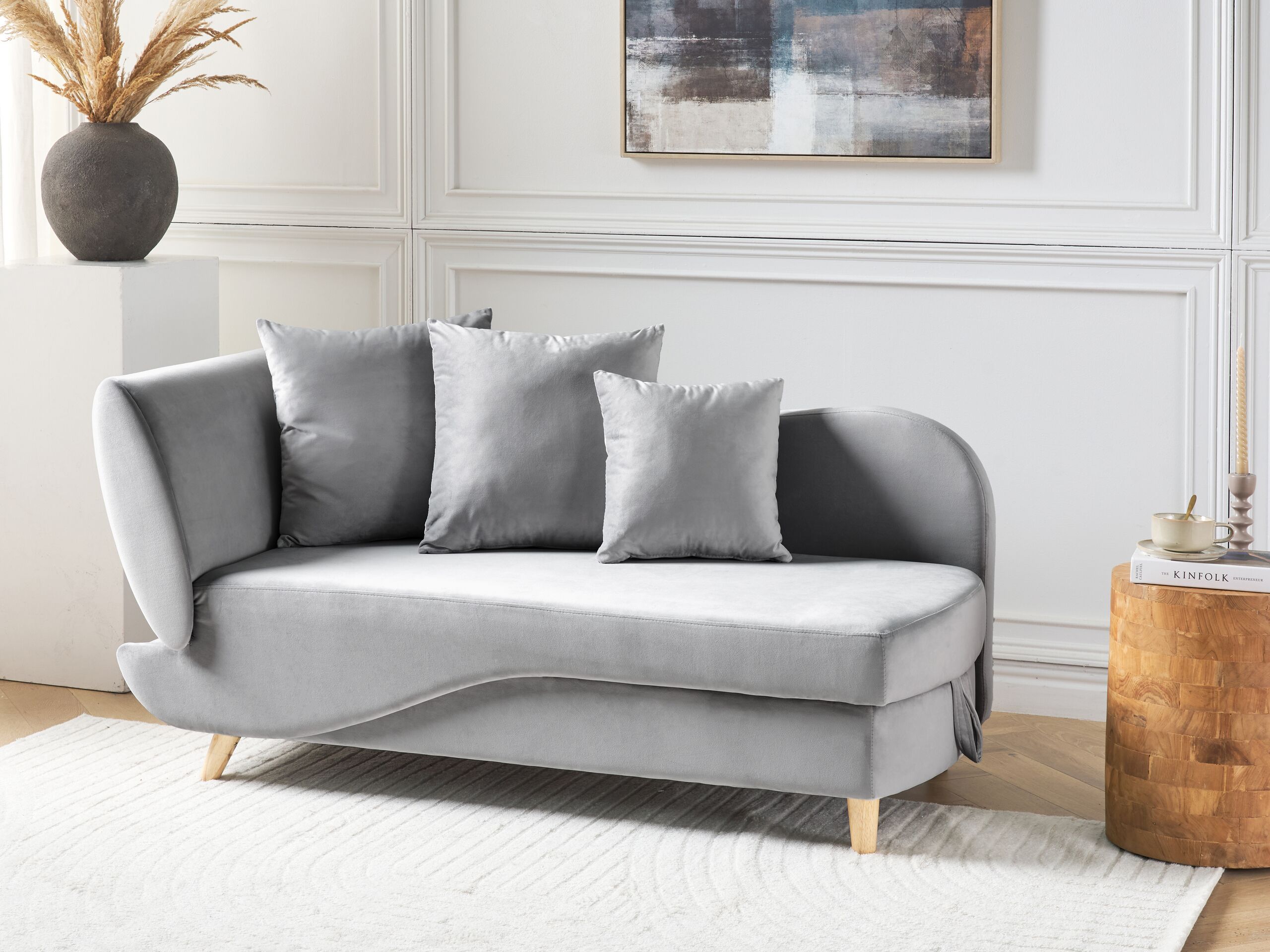 Beliani-MERI II-Chaise longue opberg-Lichtgrijs-Linkerzijde-Fluweel