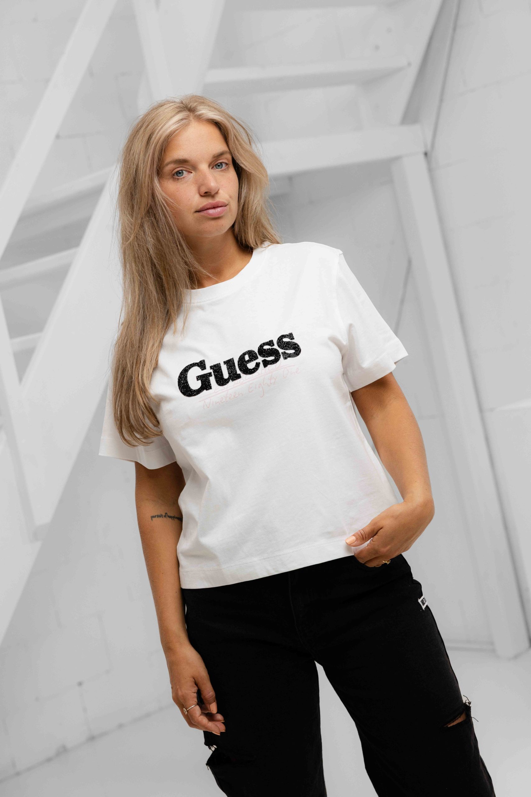 Guess Glitter Logo T-Shirt Dames Wit