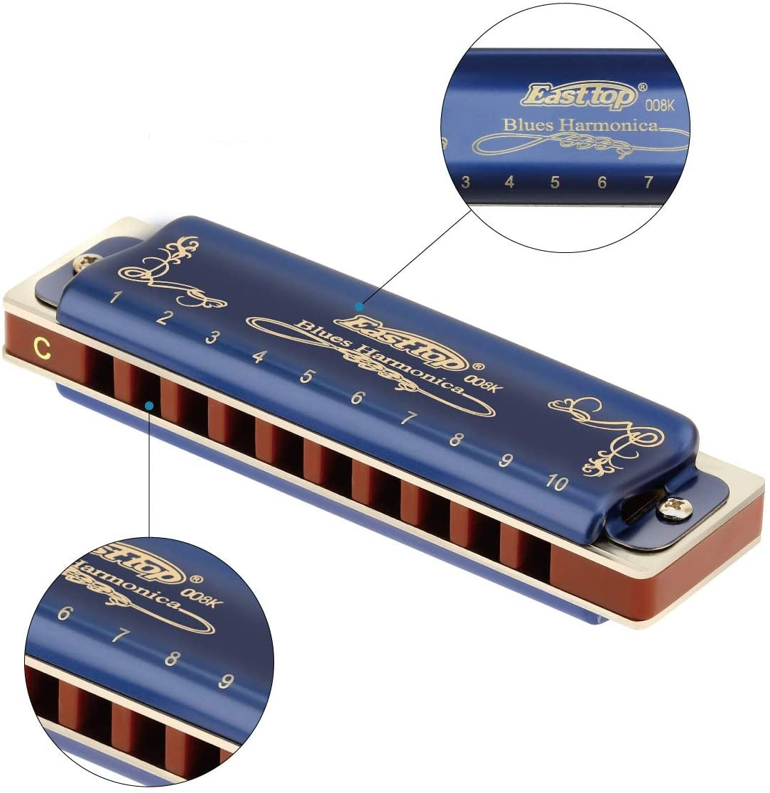(3-tlg. Set) Diatonische Mundharmonika C 10 Loch 20 Töne Blues Case mit Etui   Reinigungstuch - Blau / Silber