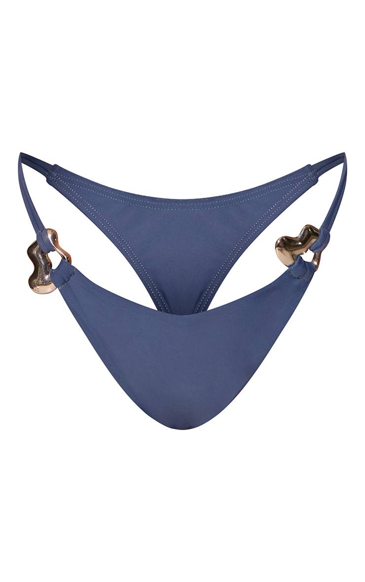Bleu Bas De Bikini Tanga À Anneaux Argentés Profonds