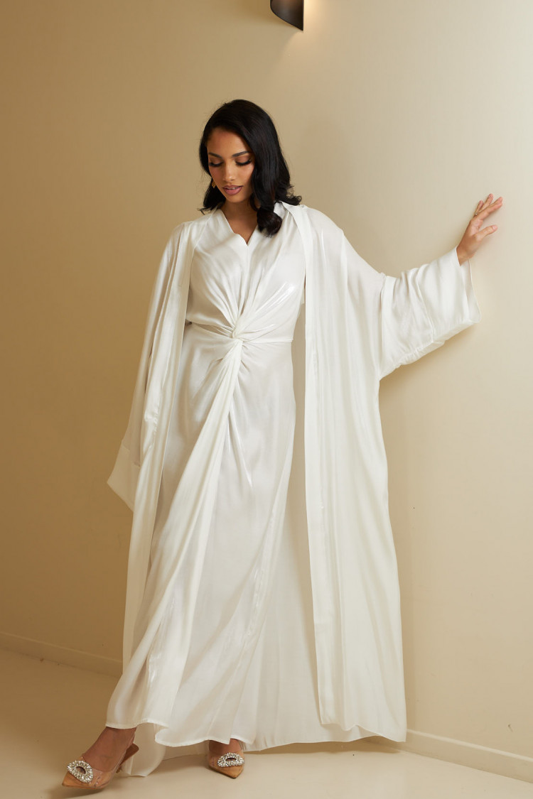 Ensemble 2 pièces abaya + gilet blanc satinée