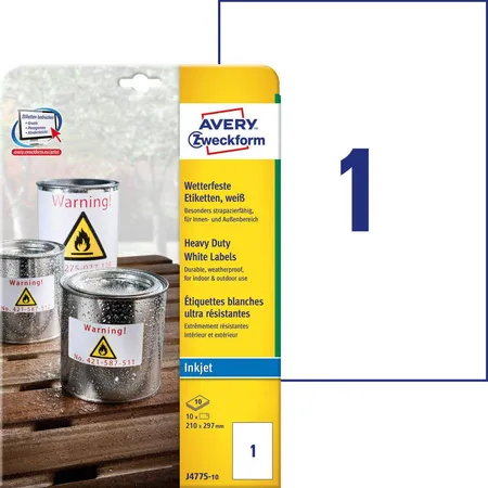 Avery Zweckform J4775-10 Wetterfeste Folien-Etiketten, 210 x 297 mm, 10 Bogen/10 Etiketten, weiß