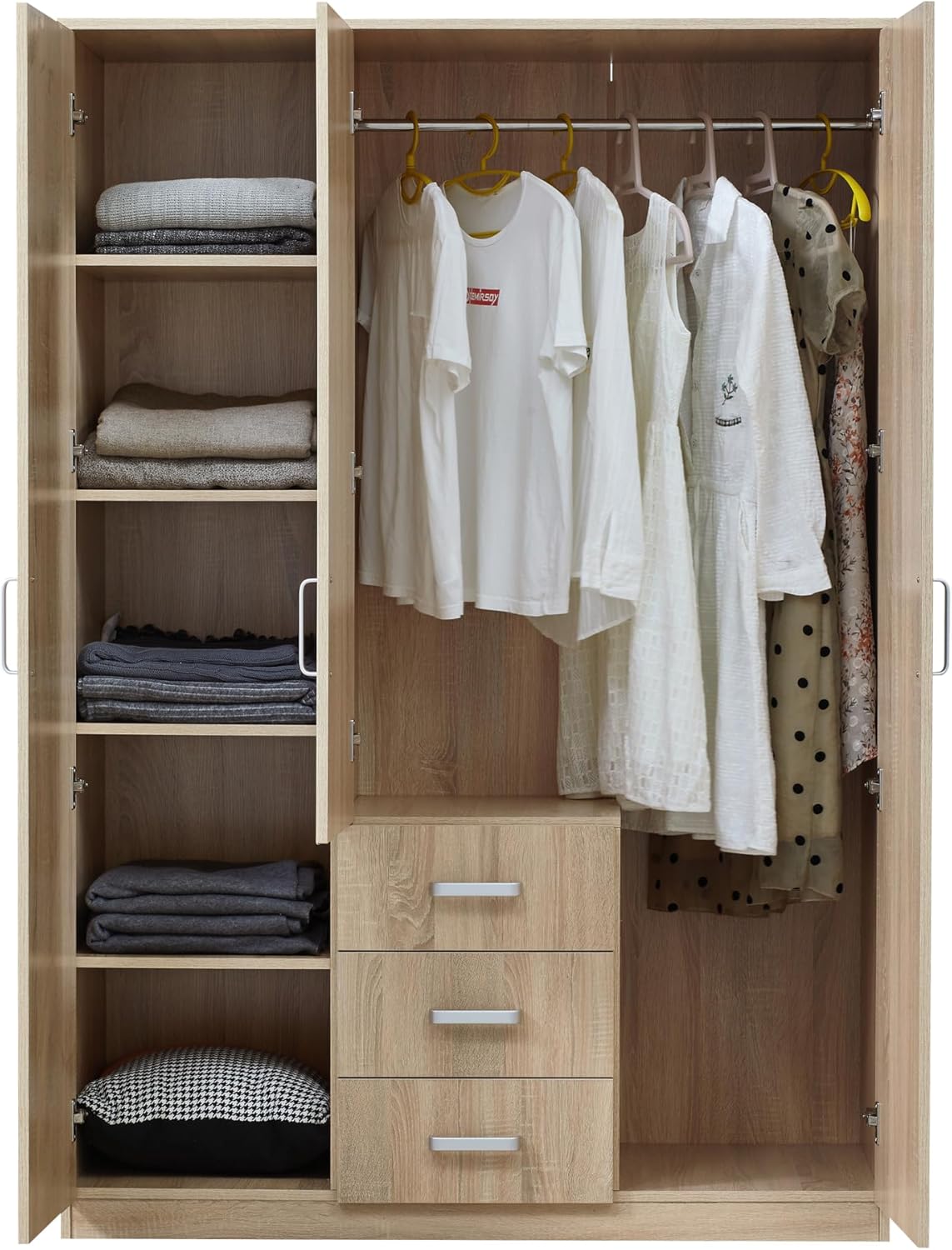 [en.casa] Kleiderschrank Bodolz Schrank mit 3 Türen Garderobenschrank mit Spiegel 176 x 120 x 52 cm Schlafzimmerschrank 1 Kleiderstange 3 Schubladen 5 Fächer Sonoma-Eiche