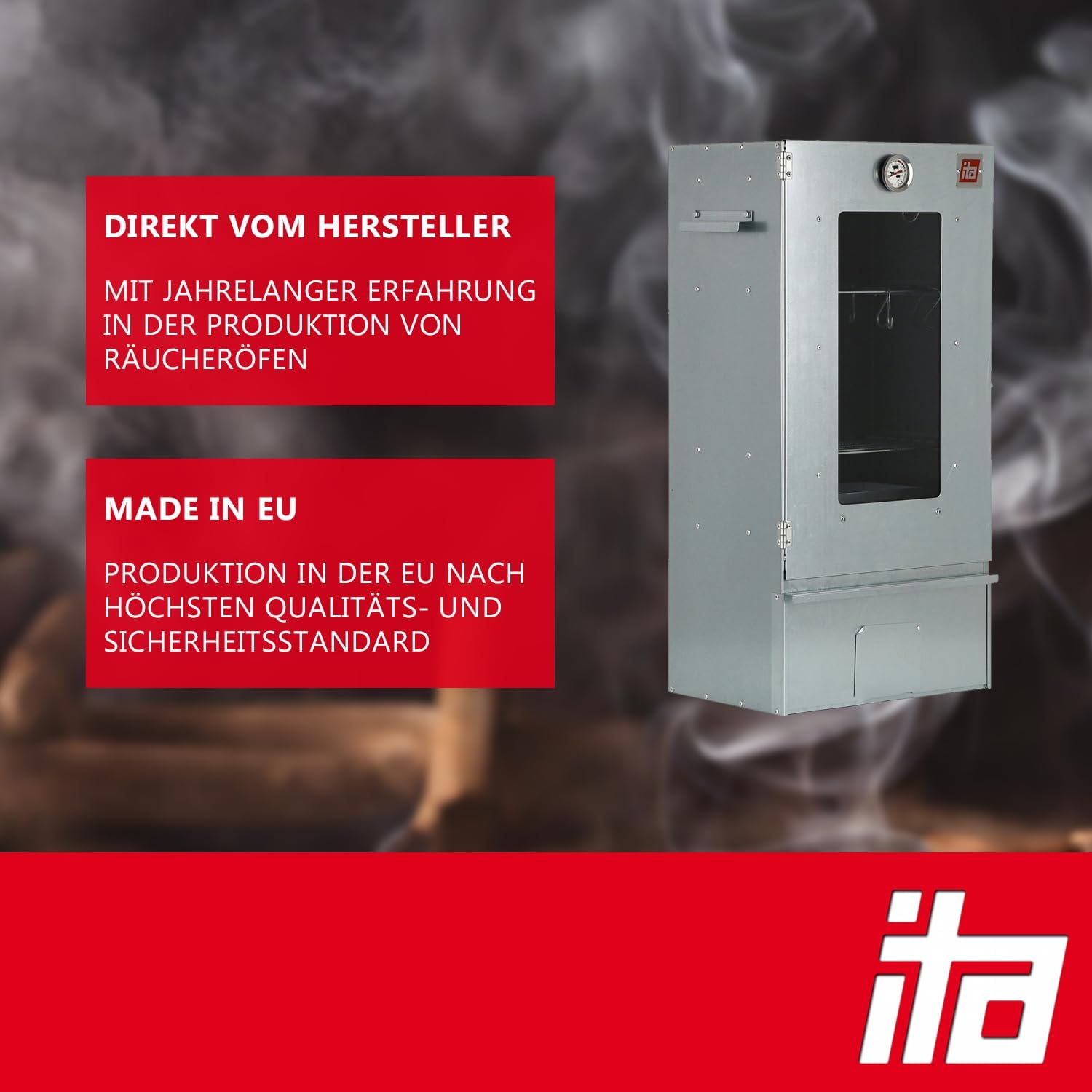 ITA Räucherofen 7002 - Smoker Set mit Rauchgenerator, Tisch - Räucherschrank mit Fenster & Thermometer - Edelstahl - EU Qualität, Direkt vom Hersteller - 81 cm mit 3 Etagen