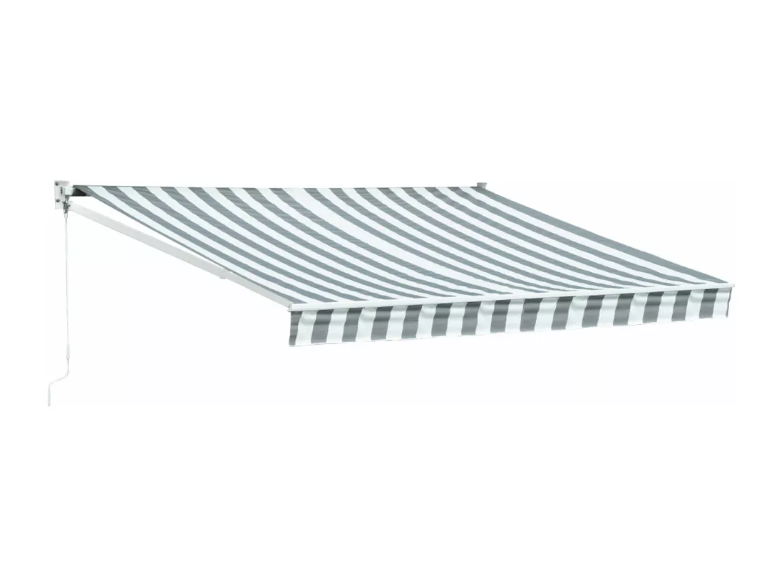 Store banne SAULE 3,5 × 3m - Toile rayée blanche/grise et structure blanche - HAPPY GARDEN