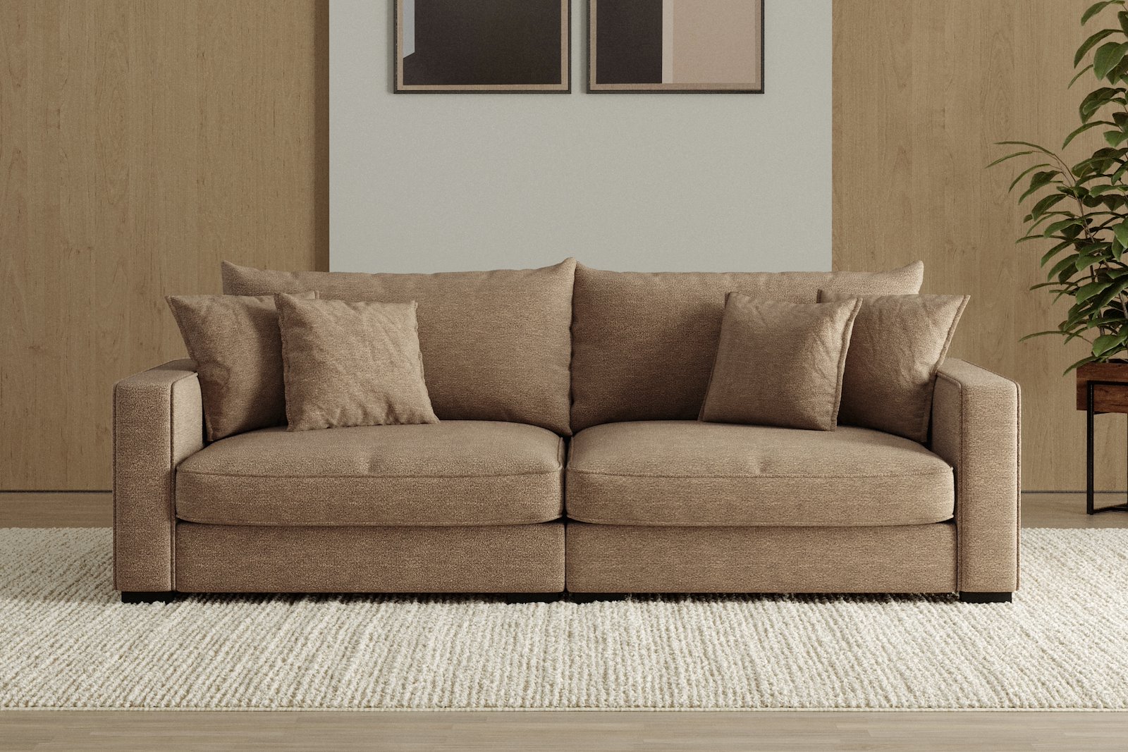 Rossi Lux 3-seter sofa Tekstil Beatto 1012 Brown, arm B med sorte ben. Lux Komfort.