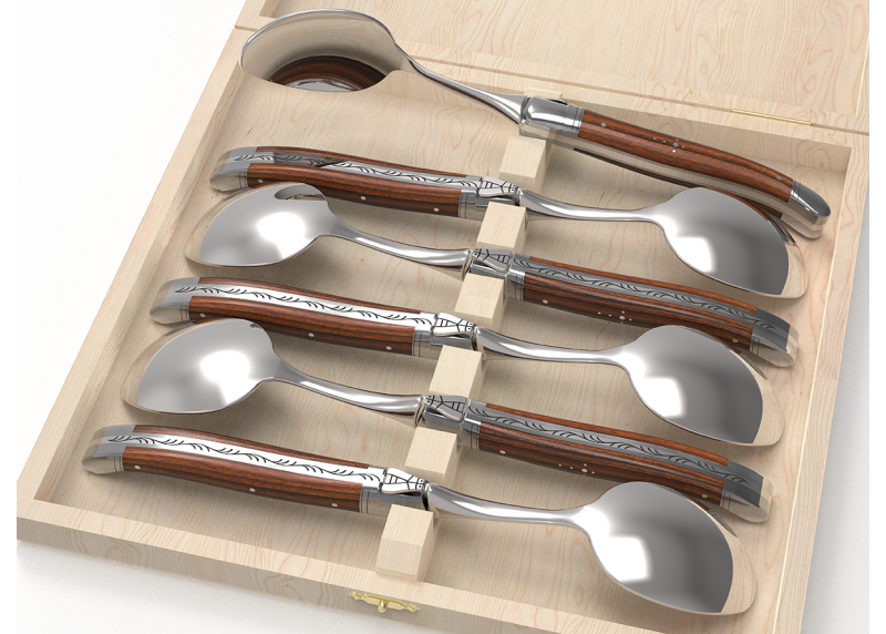 Service de 6 petites cuillères Laguiole avec un manche en bois de bocote et mitres en acier inoxydable