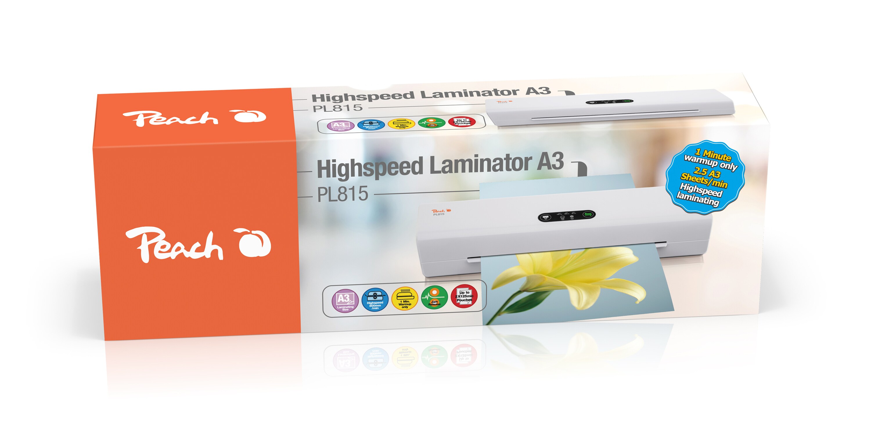 Peach Professional Highspeed Laminator A3 inkl. gratis Starterpaket | Schnell startklar nur 60 Sekunden vs. 3-5 Min. | 4 Folien A4 pro Minute / 4 Mal schneller als bisher üblich | PL815