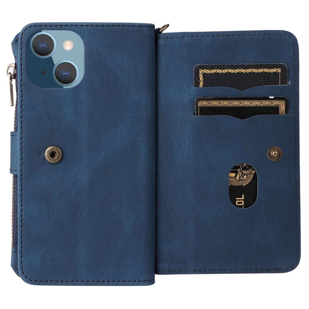 iPhone 14 Leder Wallet Etui Tasche mit 13 Kartenfächern   Münzfach - Blau