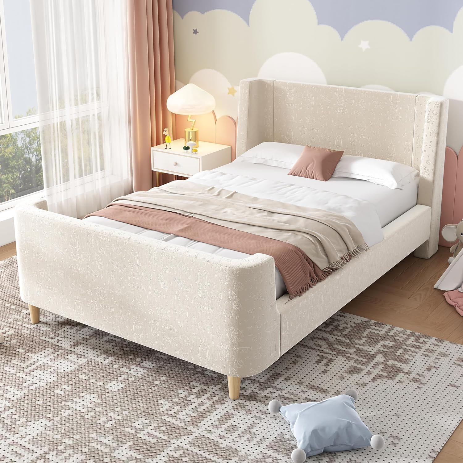 Merax Kinderbett Polsterbett 90x200cm, Einzelbett Bettgestell mit Lattenrost, Hohes Kopf- und Fußteil, süßes Jugendbett mit Kreatives Cartoon-Muster, für Jungen & Mädchen, Samt, ohne Matratze, Beige