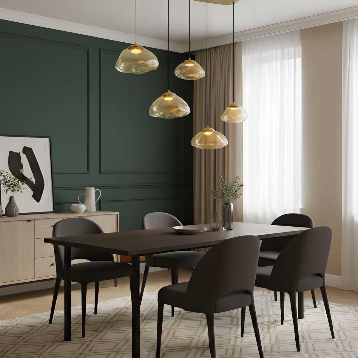 Hotel Chique hanglamp messing met amber glas 5-lichts - Gus