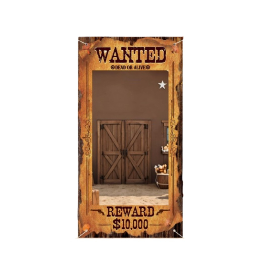 (180x90cm) Photo Booth Fotorequisite Western Country Party Deko Foto Hintergrund Banner Rahmen für lustige Bilder - Wanted Cowboy