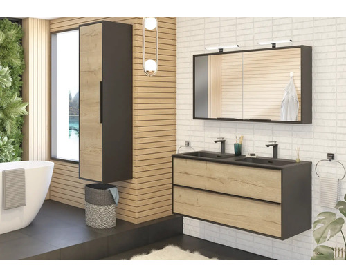 Badkamermeubelset Allibert Border BxHxD 121 x 69 x 46,5 cm, frontkleur eiken halifax, romp zwart mat met dubbele wastafel