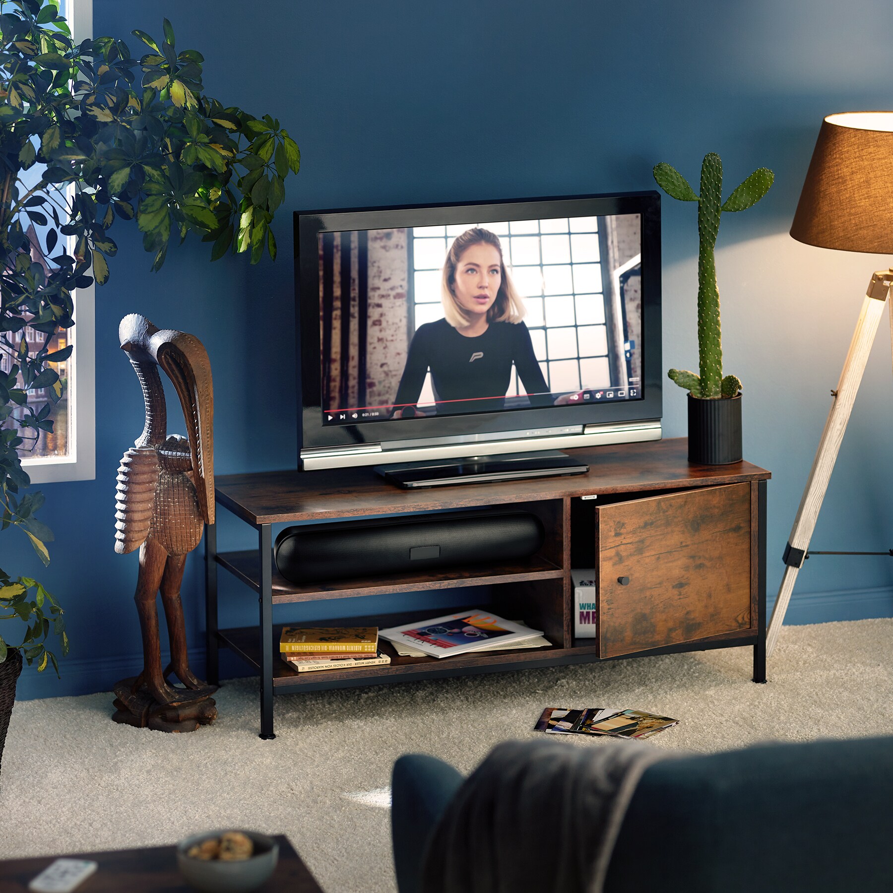 tectake® TV-Regal, Industrial Style, 2 offene Fächer, Staufach mit Magnettür, 110 x 40 x 45,5 cm