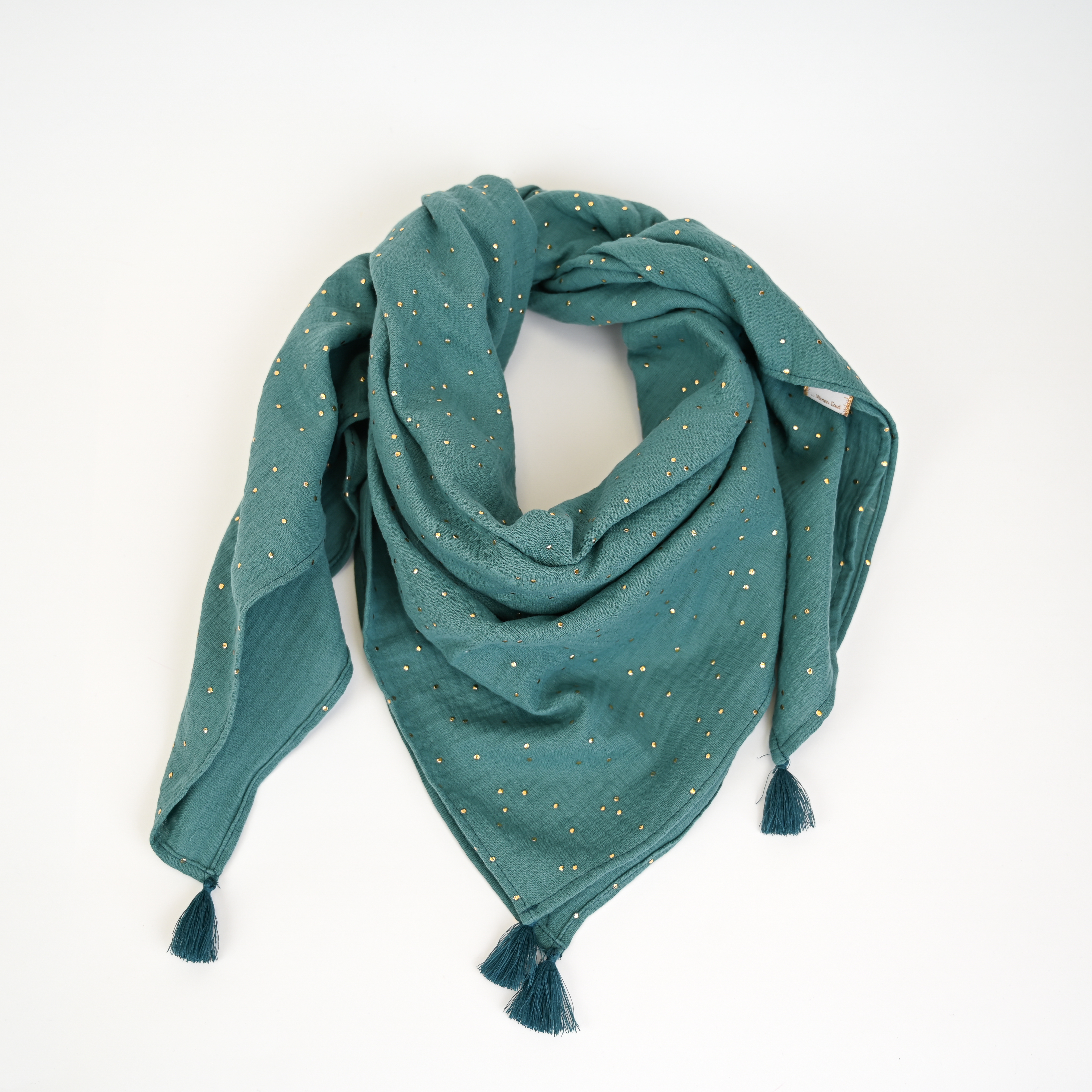 Foulard Pompon Gaze Pois Or Eucalyptus