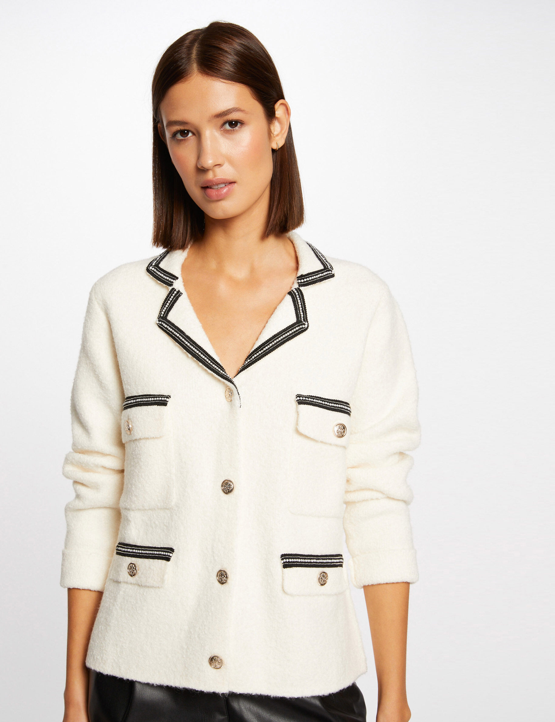 Gilet manches longues à détails bijoux ivoire femme - ivoire