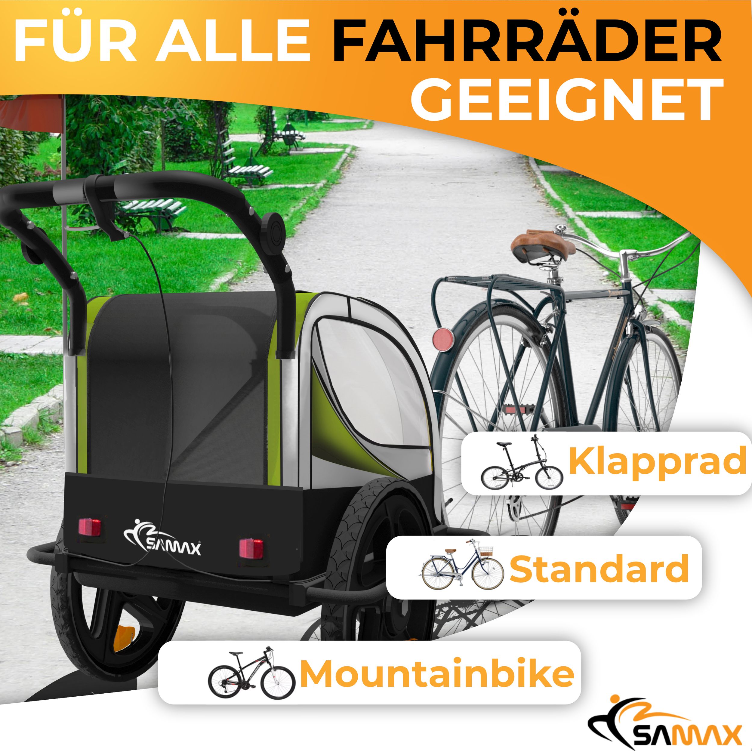 SAMAX 360° drehbarer Fahrradanhänger 2in1 Jogger - in Grün - Black Frame
