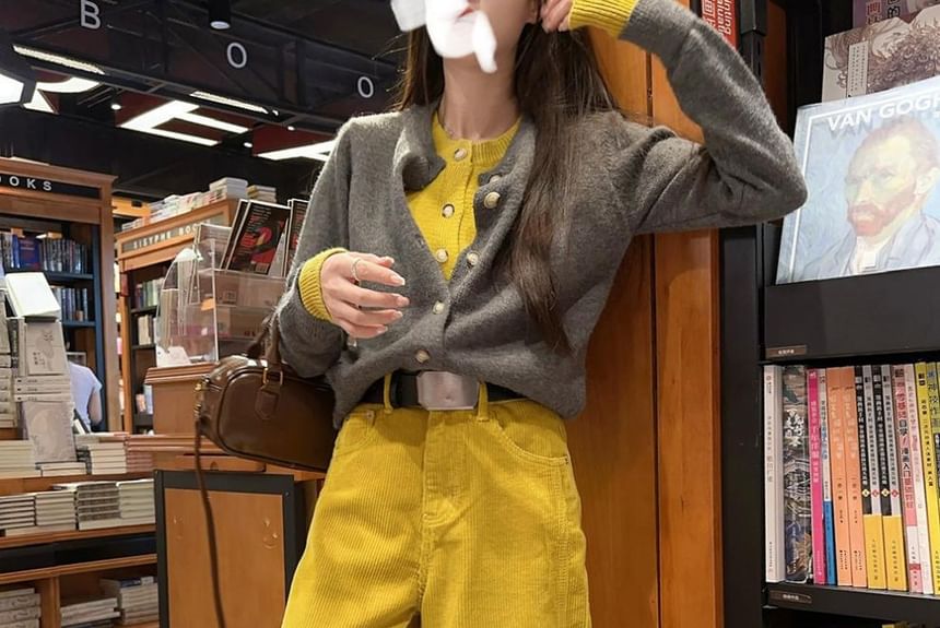 Soswift - Mock Two-Piece Crew Neck Two Tone Button-Up Crop Cardigan / High Waist Plain Corduroy Wide Leg Pants