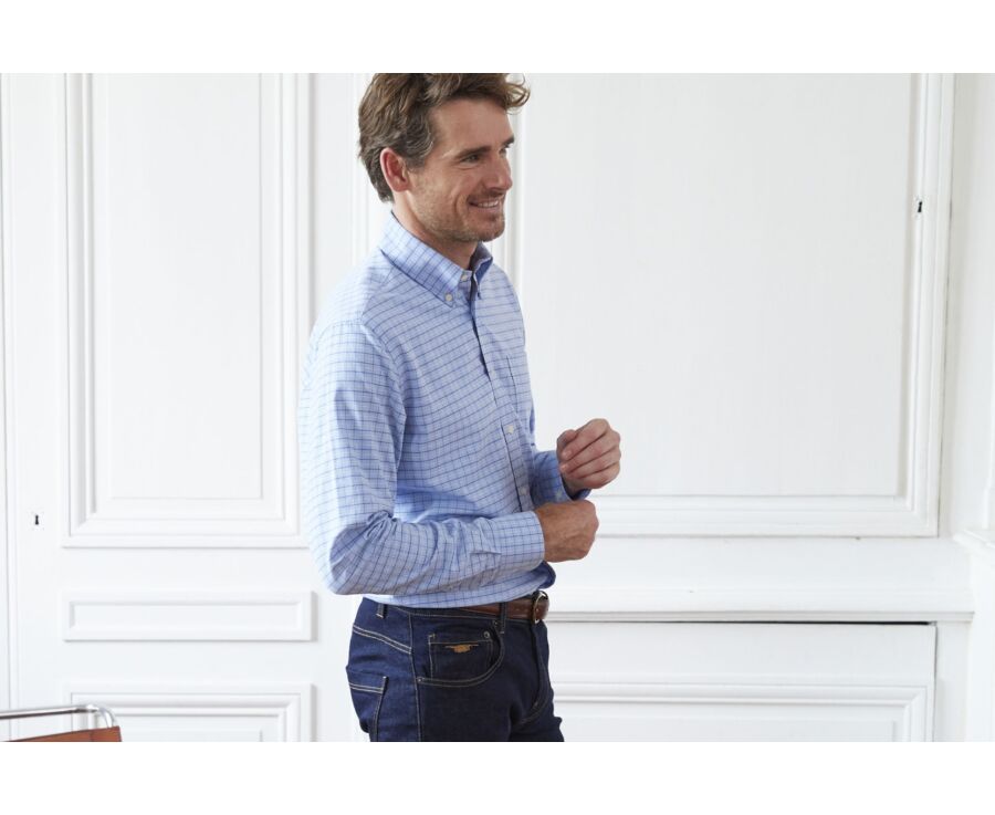 Chemise bleue twill à carreaux - Poche poitrine - BENETTH