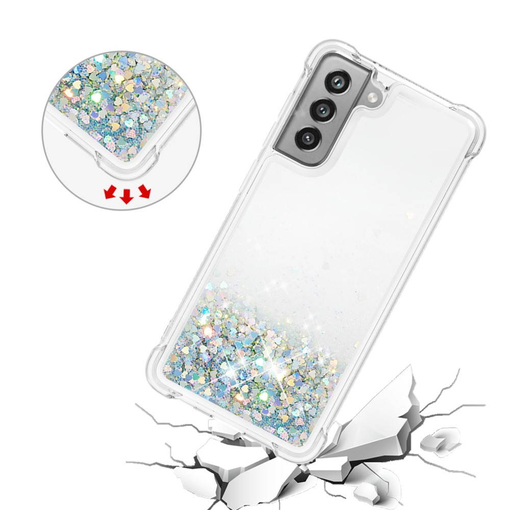 Samsung Galaxy S21 FE 5G Hardcase Hülle mit Air Cushion Fallschutz Liquid Case Glitzer Herzen - Silber / Transparent