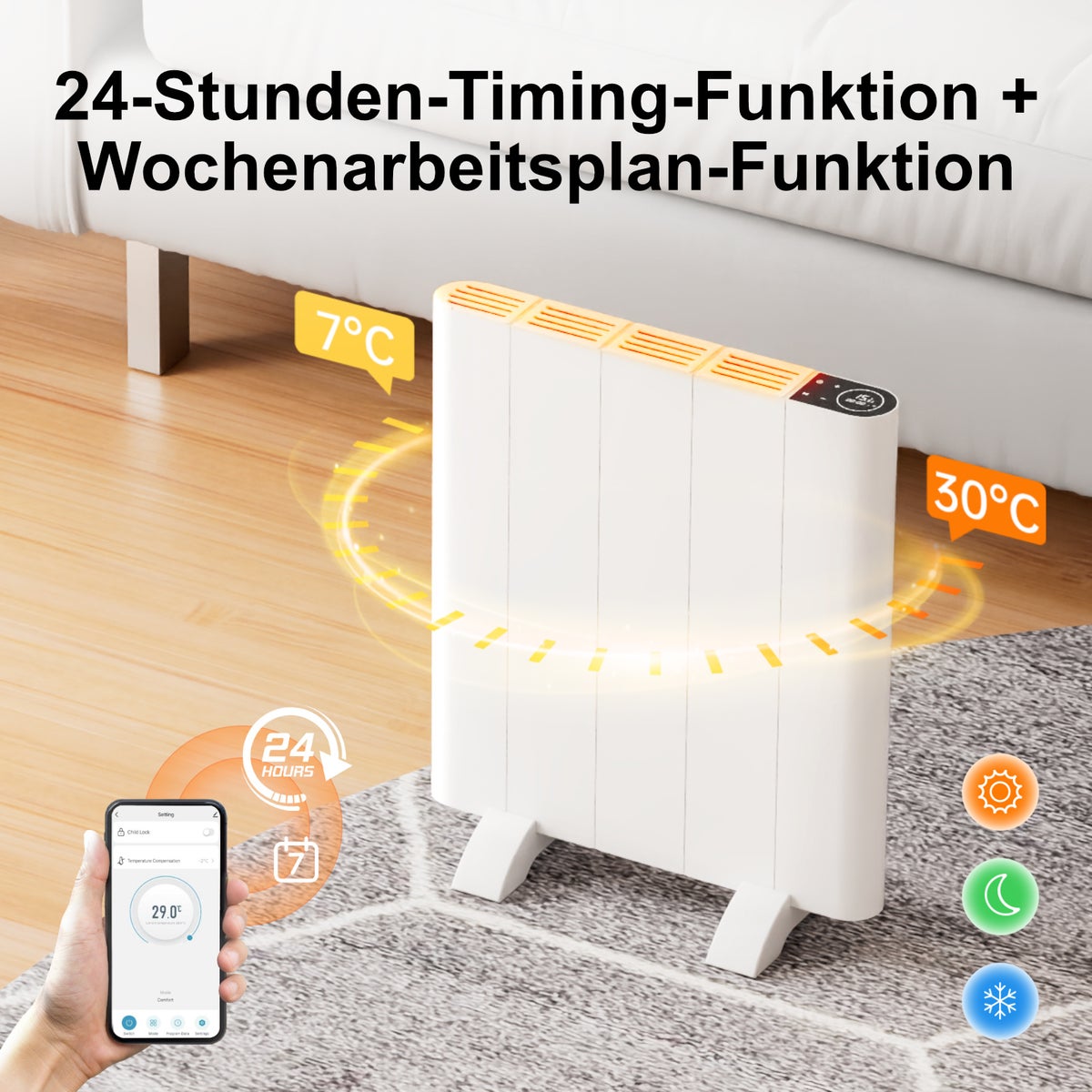 EMKE 700W witte elektrische radiator, vlakke paneelradiator, aluminium, staand/wandmontage, wifi-bediening, lcd-scherm, tijdfunctie