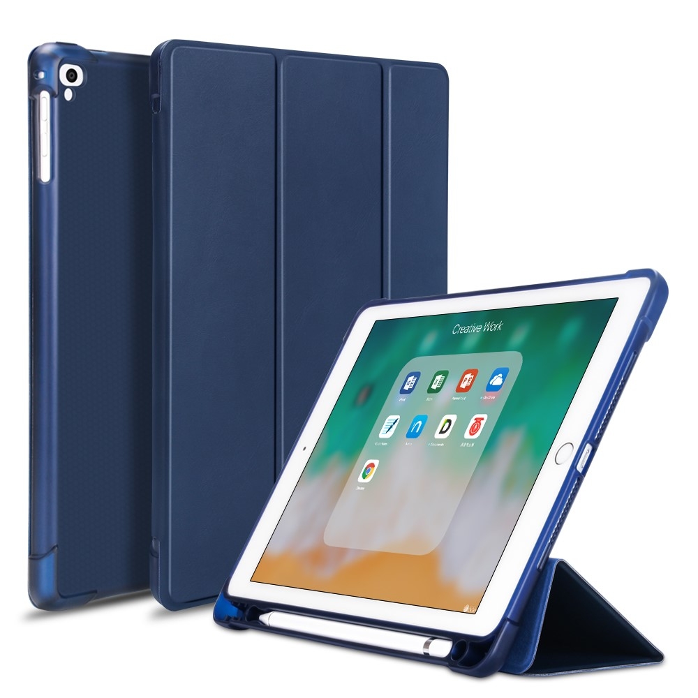 iPad 9.7 (2018/2017) / iPad Air / iPad Air 2 Slim Smart Cover Hülle Gummi Case   Apple Pencil Halterung - Dunkelblau / Transparent