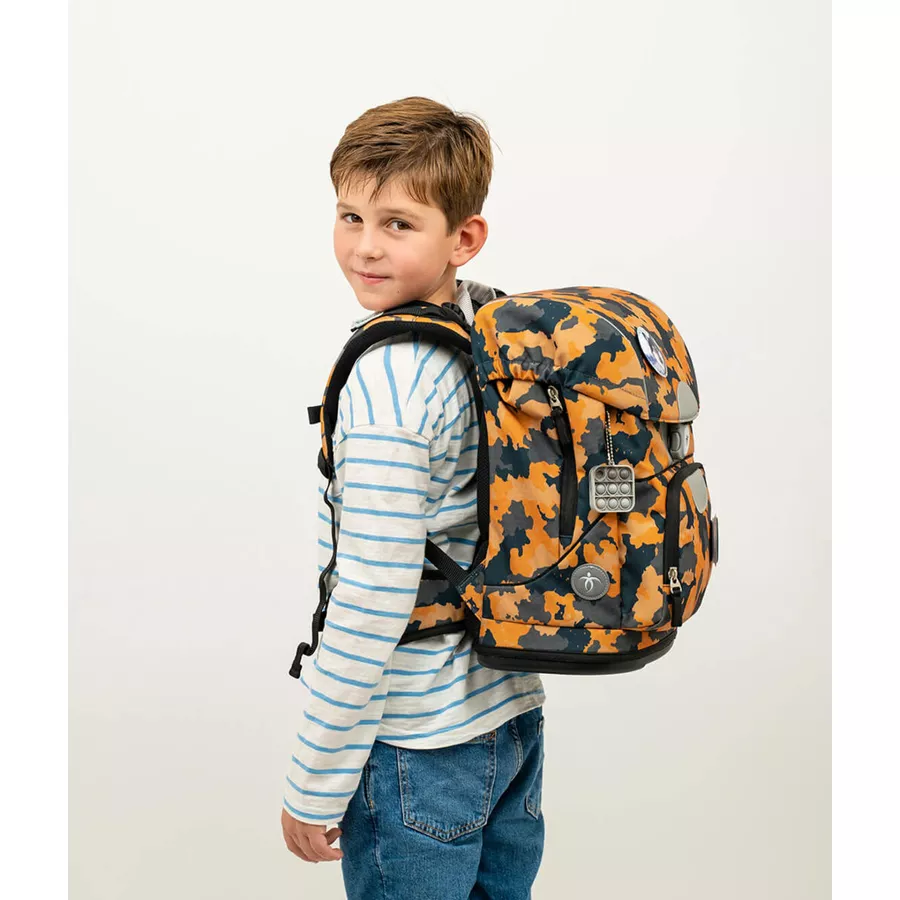 Belmil Schulranzen Motion Schulranzen Set 6-teilig mit Brustgurt, Hüftgurt Orange Camouflage