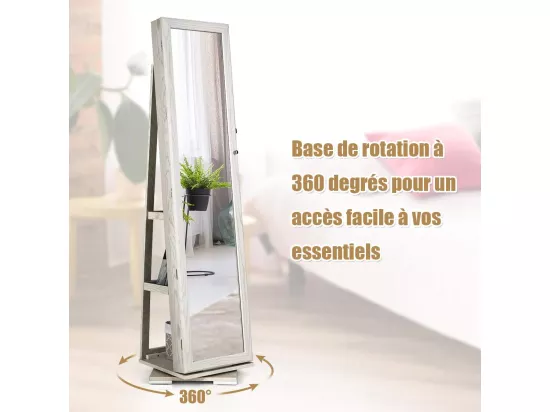 Armoire à Bijoux Pivotante à 360 Degrés, Organisateur de Bijoux sur Pieds, avec Grand Miroir Psyché et Etagère de Rangement à L’Arrière (Blanc)