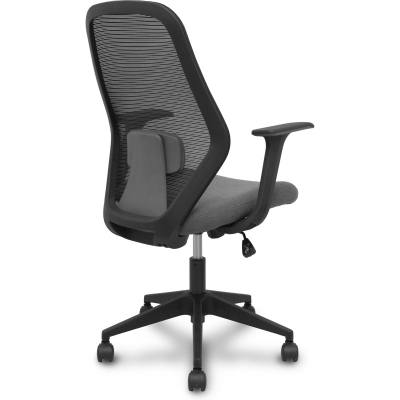 Chaise de bureau- Ergo529, dossier en maille noire, assise en tissu gris, piètement pyramidal, roulettes en nylon