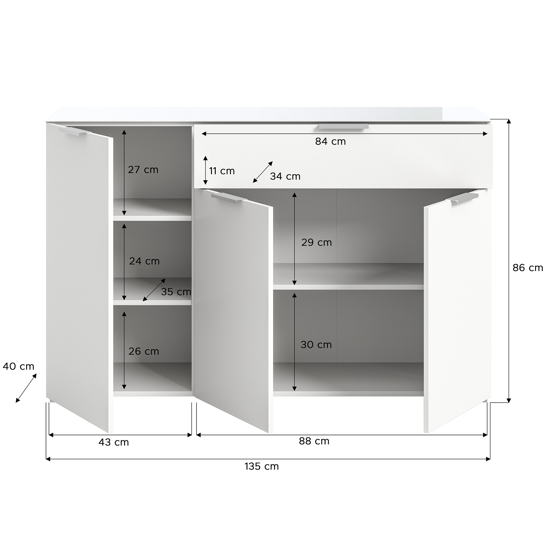 Kommode RAY - weiß - Glasplatte - 135 cm