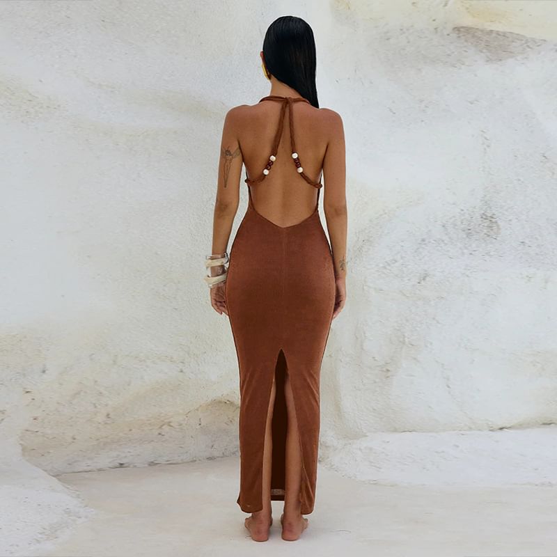 Alizio - Effen maxi-schede-jurk met halter en col