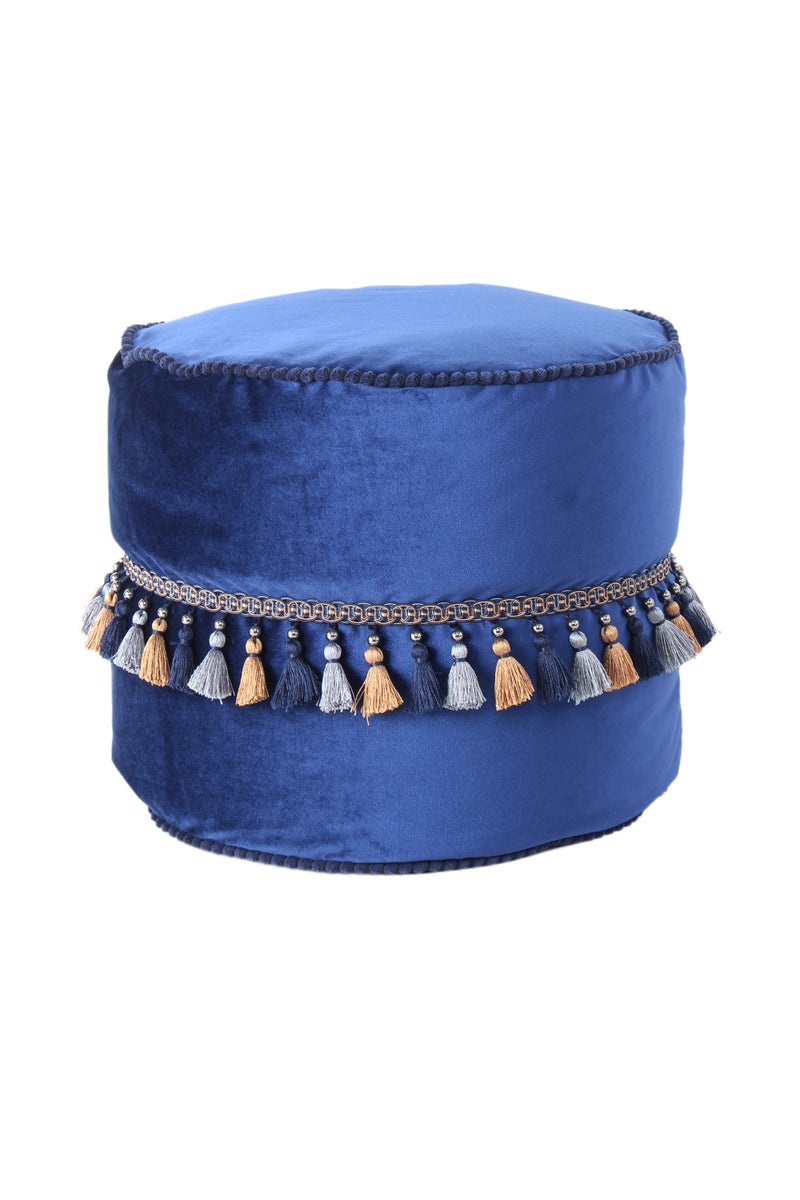Poefkruk, fluweelzacht, versierd, blauw, rond, Ø 45 cm