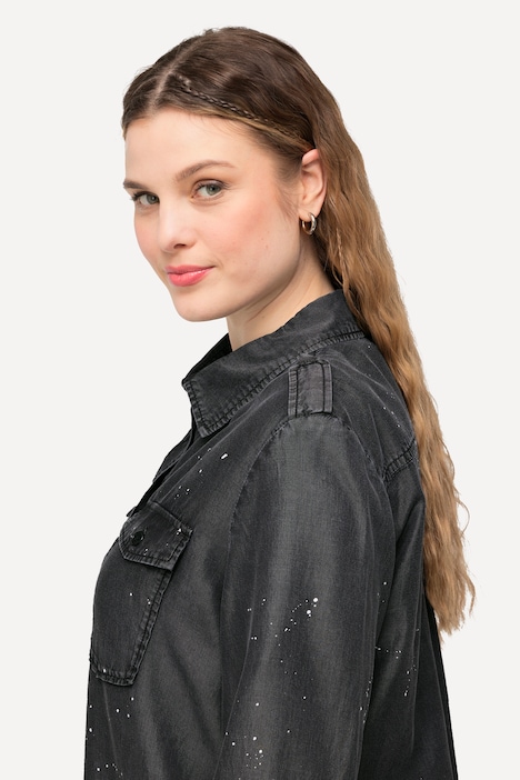 Jeansbluse, Acid Wash, Hemdkragen, Langarm
