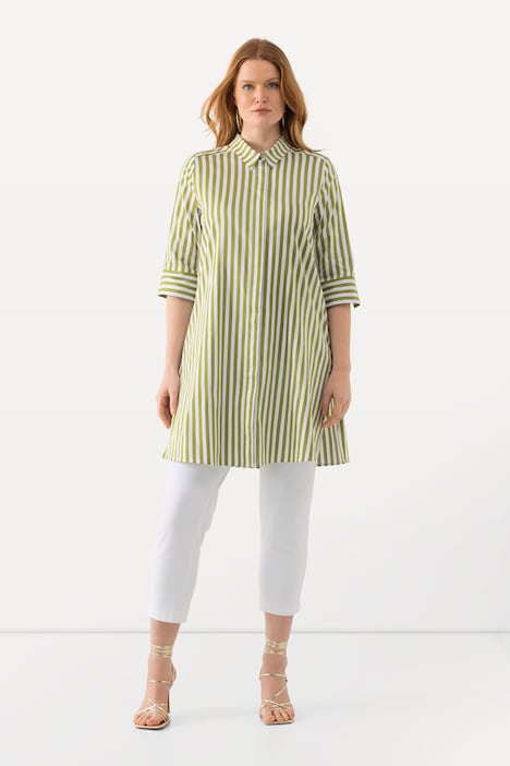 Longbluse, Streifen, A-Linie, Hemdkragen, 3/4-Arm