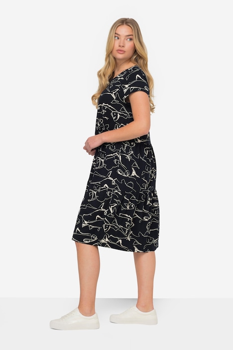 Jerseykleid, A-Line, Fische-Print, Rundhals, Volants, Halbarm