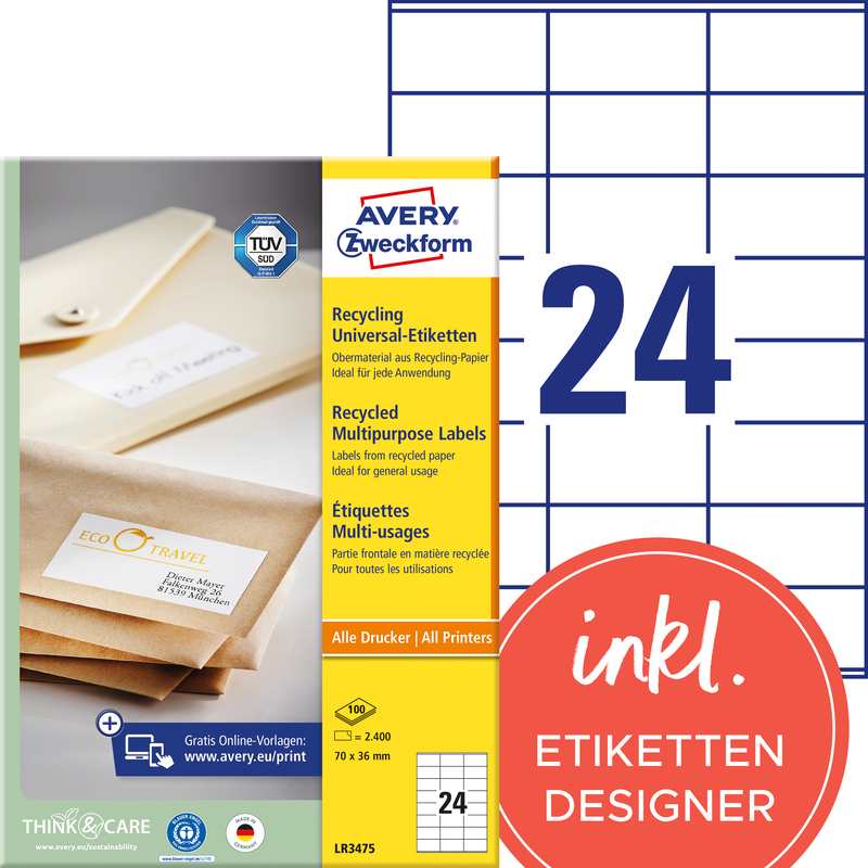 Avery Zweckform Etiketten Recycling, LR3475, 70 x 36 mm, 100 Blatt