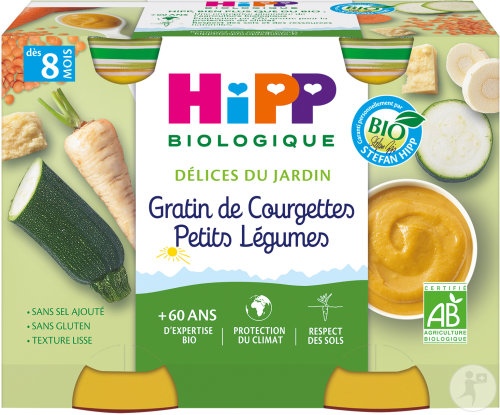 HiPP Biologique Délices Du Jardin Gratin De Courgettes Petits Légumes Dès 8 Mois Pots 2x190g