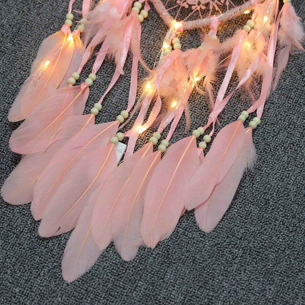 (57x16cm) 18 LED's Herz Feder Traumfänger Boho Home Wand Deko Hygge Lifestyle Accessoire (inkl. CR2032 Batterie) - Warmweiss / Rosa