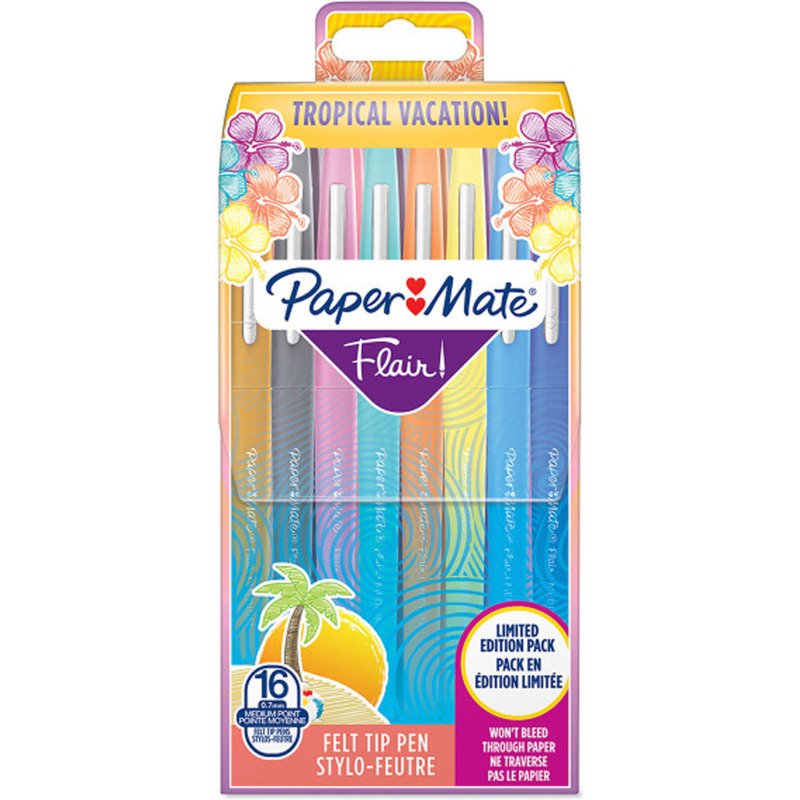 Stylo feutre Paper Mate Flair Tropical écriture moyenne - Pochette de 16 couleurs assorties