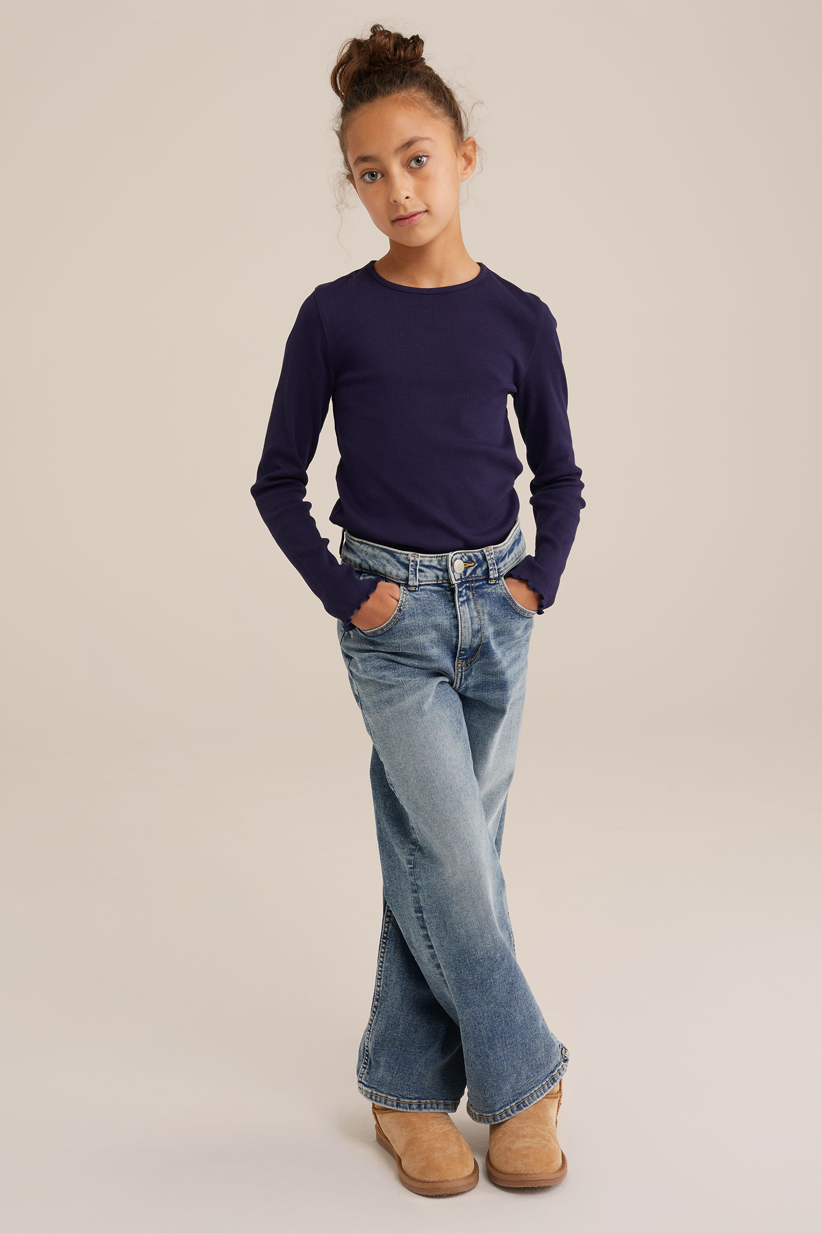 Meisjes T-shirt van ribstof WE Fashion Donkerblauw