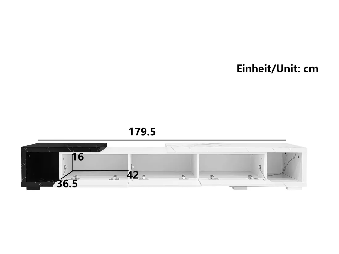 Meuble TV à longueur réglable (140-179,5 cm) - 3 portes abattantes - effet marbre - Blanc & Noir