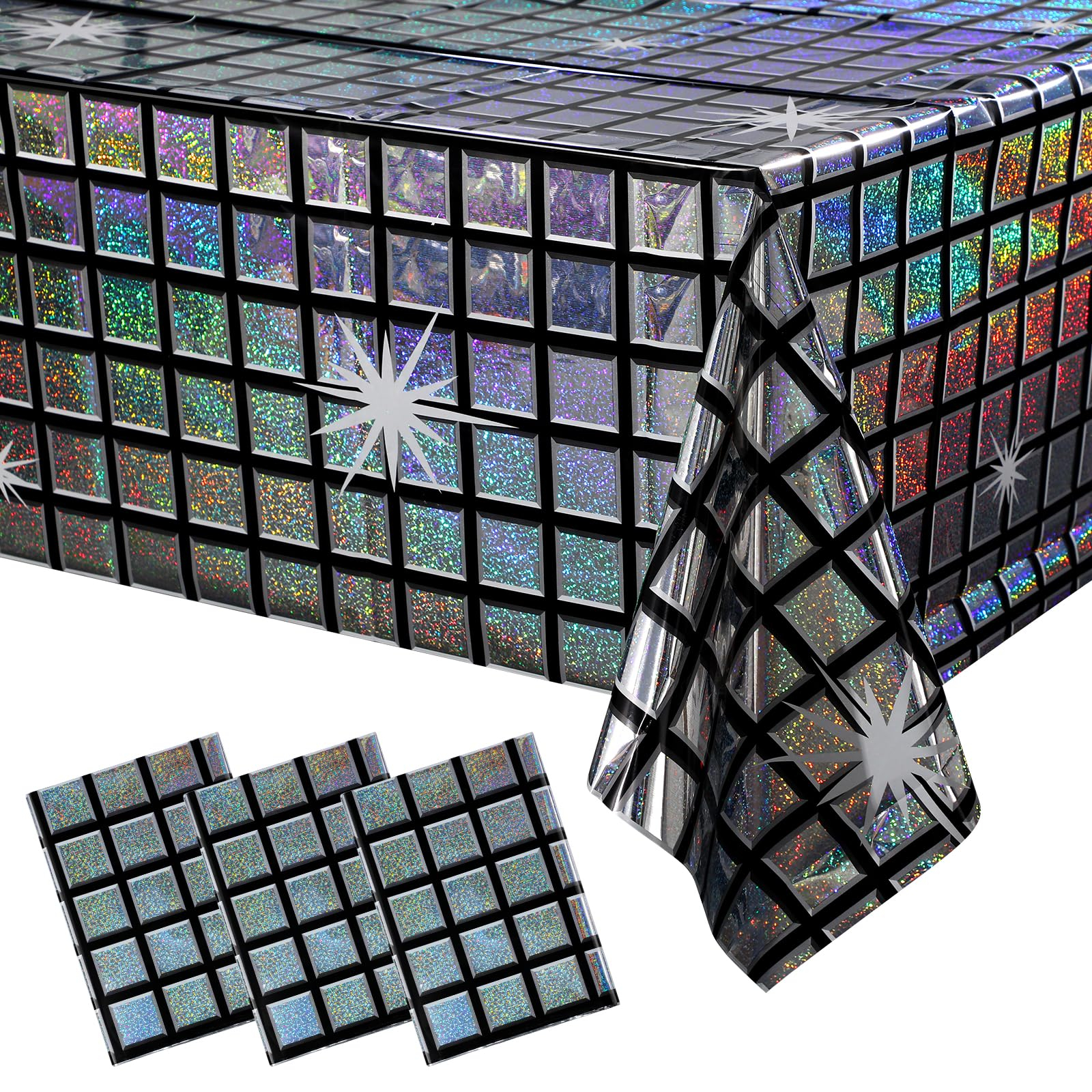 (3er Set) 264x100cm Deko Folien Tischdecke Party Dekoration Tisch Tuch Disco Design - Schwarz / Silber