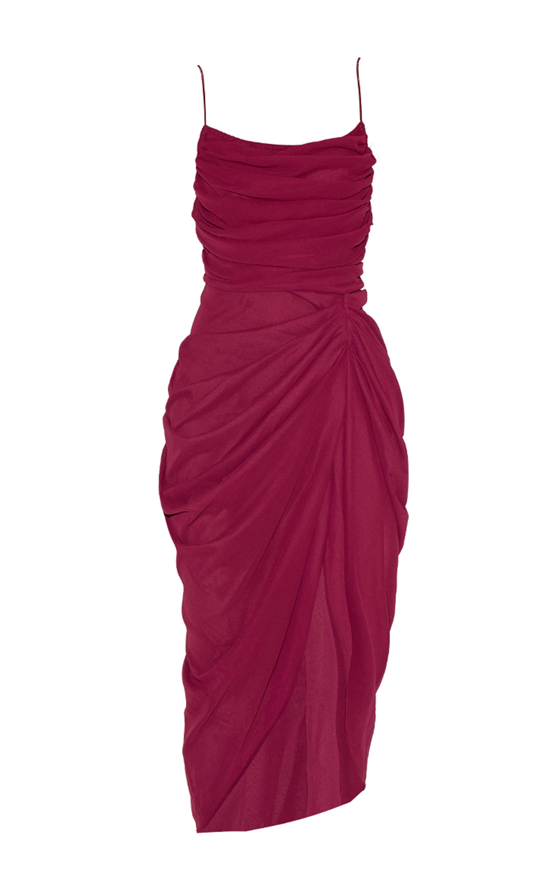 Rouge Vin Robe Midi Drapée Froncée En Mousseline