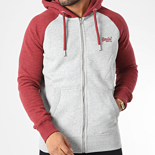 Sweat Capuche Zippé Vintage Logo Embroidery Baseball Gris Chiné Bordeaux
