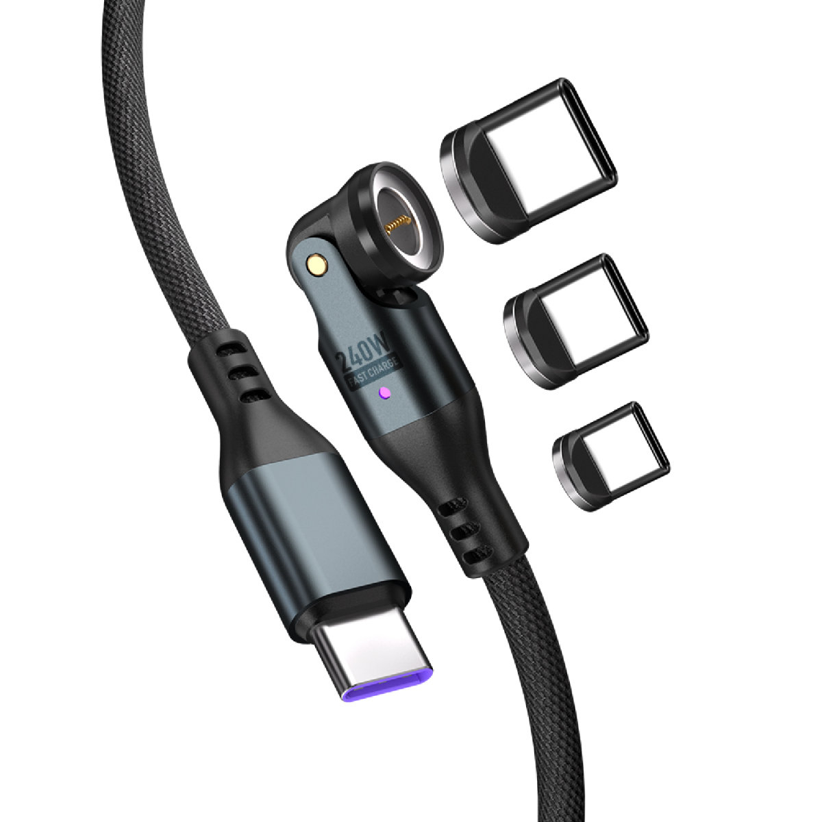 (1.8m) 3in1 USB C auf USB C / Micro USB / Lightning Ladekabel Magnetisches Nylon 540° Datenkabel mit LED (541237) - Schwarz