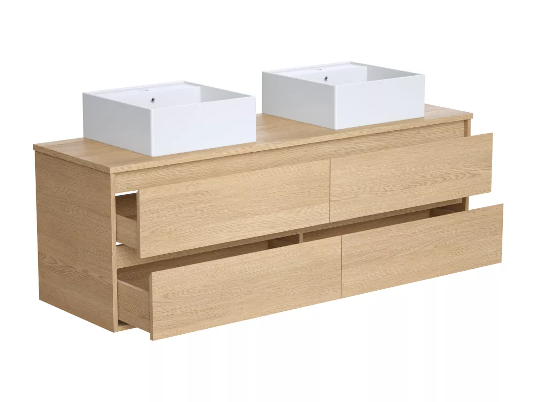 Meuble de salle de bain suspendu avec double vasque à poser en céramique - Placage chêne - 150 cm - MILIPAM