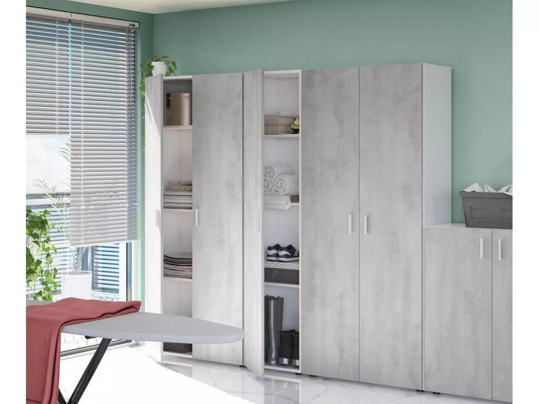 Armoire polyvalente Dferre, Armoire auxiliaire avec 2 portes et 3 étagères, Armoire à balais, 80x37h182 cm, Ciment et Blanc