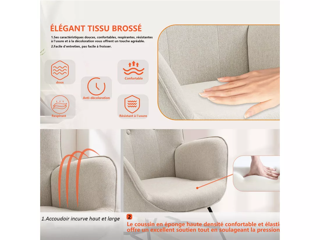 MEUBLES COSY Fauteuil à Bascule Allaitement Rocking Chair Scandinave Chaise Loisir Revêtement en Tissu avec Pieds en Bois Massif pour Salon, Chambre, Le balcon, Beige